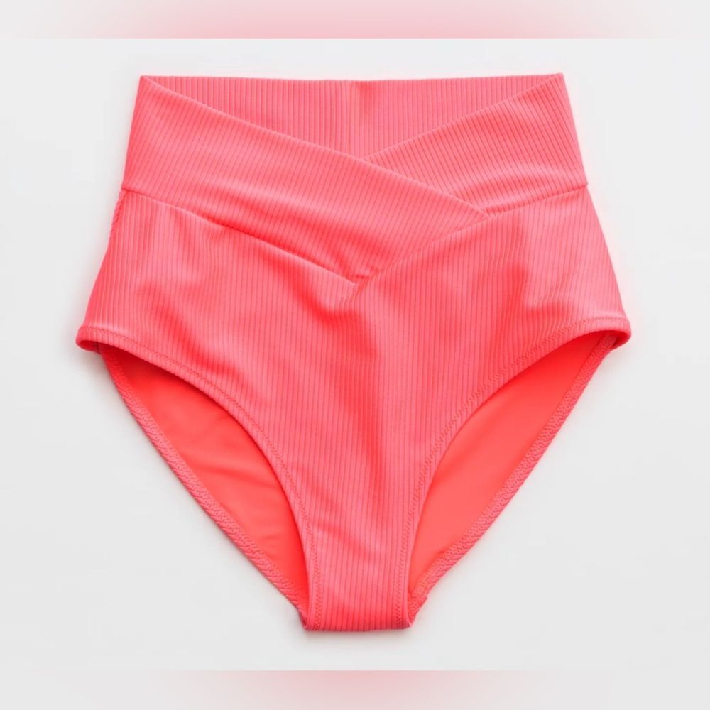 NWT Aerie Shine Rib Crossover High Waisted Full Coverage Bottom Neon Coral - M
